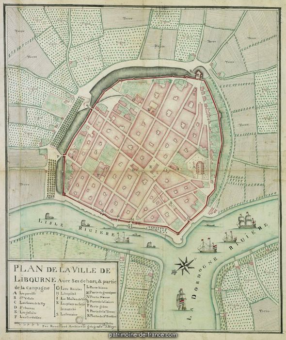 Plan de la ville de Libourne, avec ses dehors, & partie de la campagne Par Reveillaud, architecte géografe à Blaye 1758.