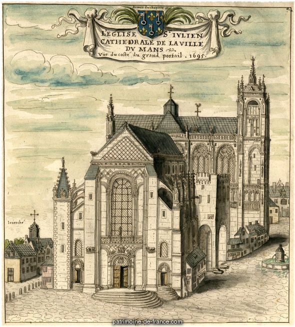 L'Eglise Saintt Julien, Cathédrale de la Ville du Mans, vue du côté du grand portail 1695. dessin de Louis Boudan.
