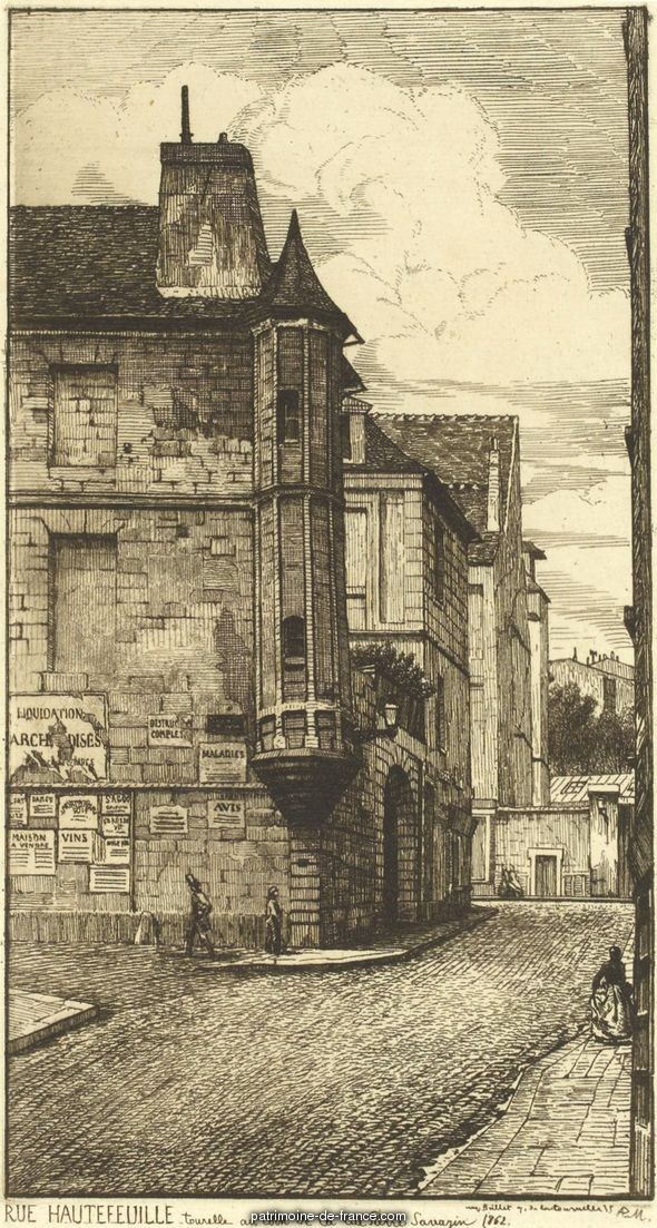 Rue Hautefeuille, Tourelle au coin de la rue Pierre-Sarrazin, 1862 estampe APM Potémont