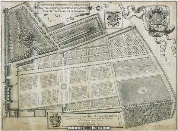 La perspective horizontale du Jardin Royal des plantes medecinales estably à Paris par Louis le Juste, Roy de France et de Navarre.