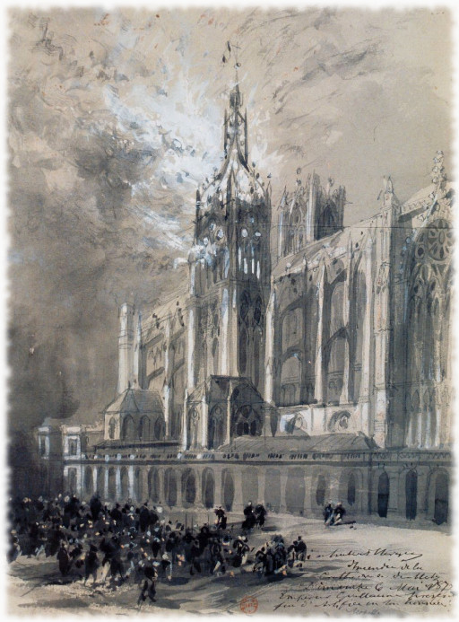 Incendie de la Cathedrale de Metz. Dimanche 6 mai 1877. Empereur Guillaume présent. Feu d'artifice en son honneur : dessin Hubert Clerget