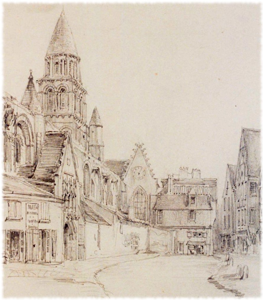 Notre dame la grande et place du marché à Poitiers dessin de Chapuy, Nicolas-Marie-Joseph (1790-1858).