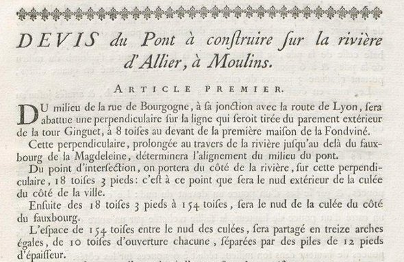 Devis du pont à construire sur la rivière d'Allier à Moulins. Signé : Regemorte. Paris, 26 novembre 1752.