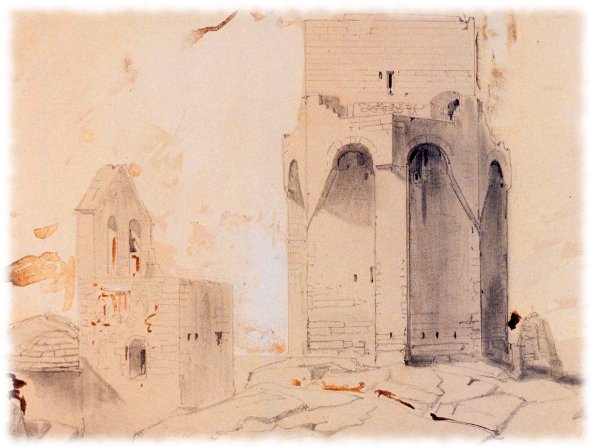 Tour des Clansayes. Ancien chateau des Templiers et église dessin de Léon Jean-Baptiste Sabatier XIXe