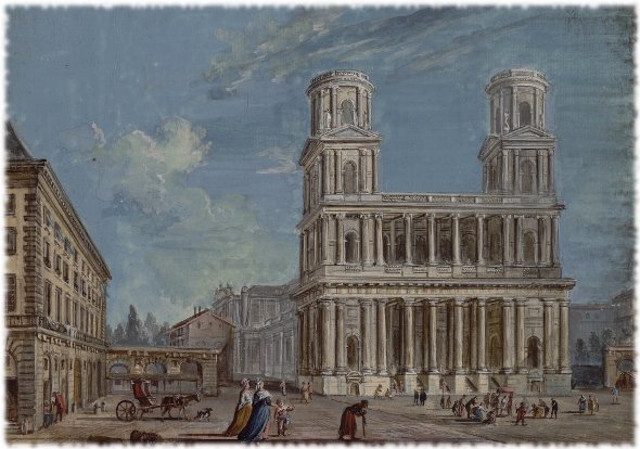 Façade de l'église Saint-Sulpice, dessin de Jean Baptiste Lallemand 18e siècle.