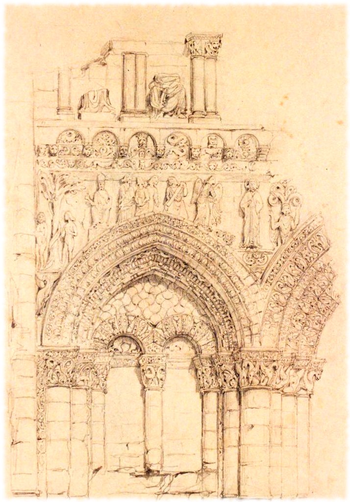Partie de la façade de N D la Grande à Poitiers dessin de Chapuy, Nicolas-Marie-Joseph (1790-1858).