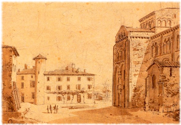 Vue de la grande place et de l'Eglise d'Issoire dessin de Jorand 1825.