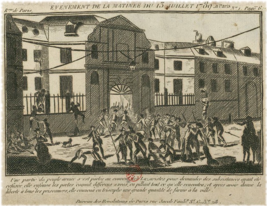 Evénement de la matinée du 13 juillet 1789 a Paris : une partie du peuple armée s'est portée au couvent des Lazaristes pour demander des subsistances, ayant êté refusée elle enfonca les portes