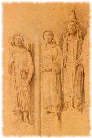 Porche sud, statues de l'évêque Fulbert entre deux diacres relevées dans la cathédrale de Chartres