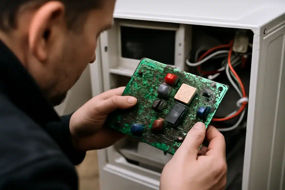 Inspection de la carte électronique — La carte de commande peut afficher des voyants d'erreur ou émettre des bips signalant un dysfonctionnement. Recherchez des composants brûlés, des condensateurs bombés ou des connexions dessoudées. Un rempla cement de la carte résout souvent