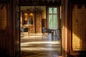 Meuble en bois décoloré exposé à la lumière du soleil près d'une fenêtre, montrant les dégâts des UV