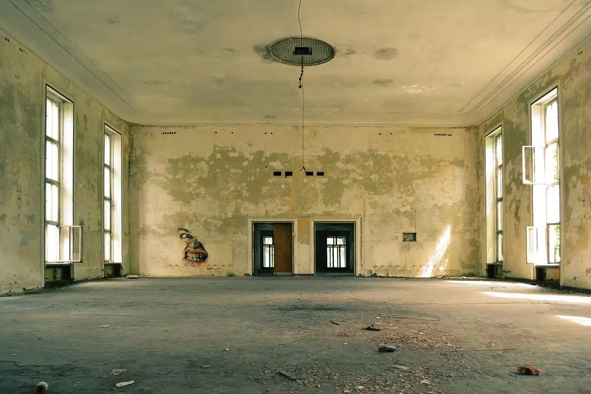 Mur intérieur avec papier peint qui se décolle et taches d'humidité