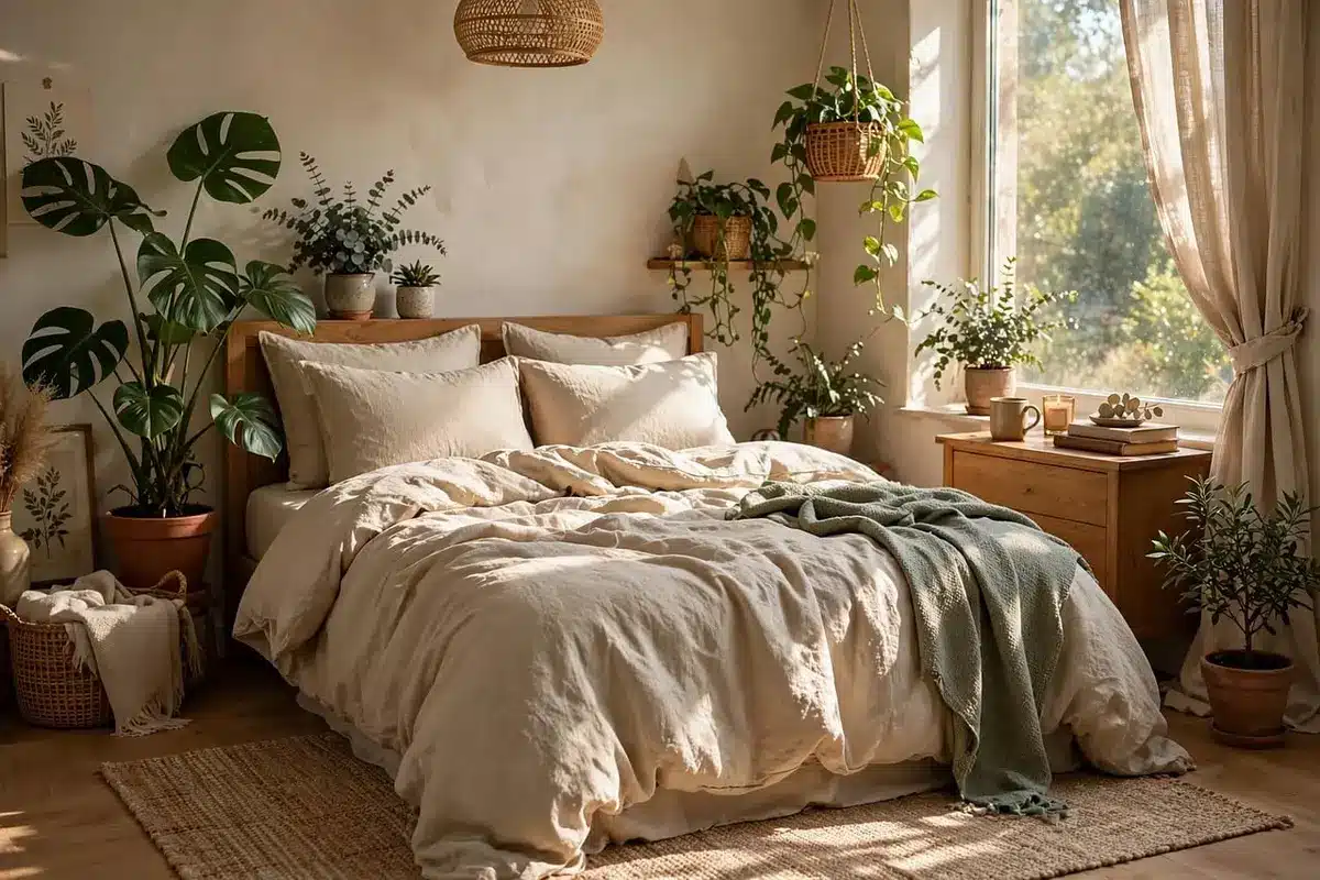 Chambre beige avec couvre-lit texturé et tête de lit en bois